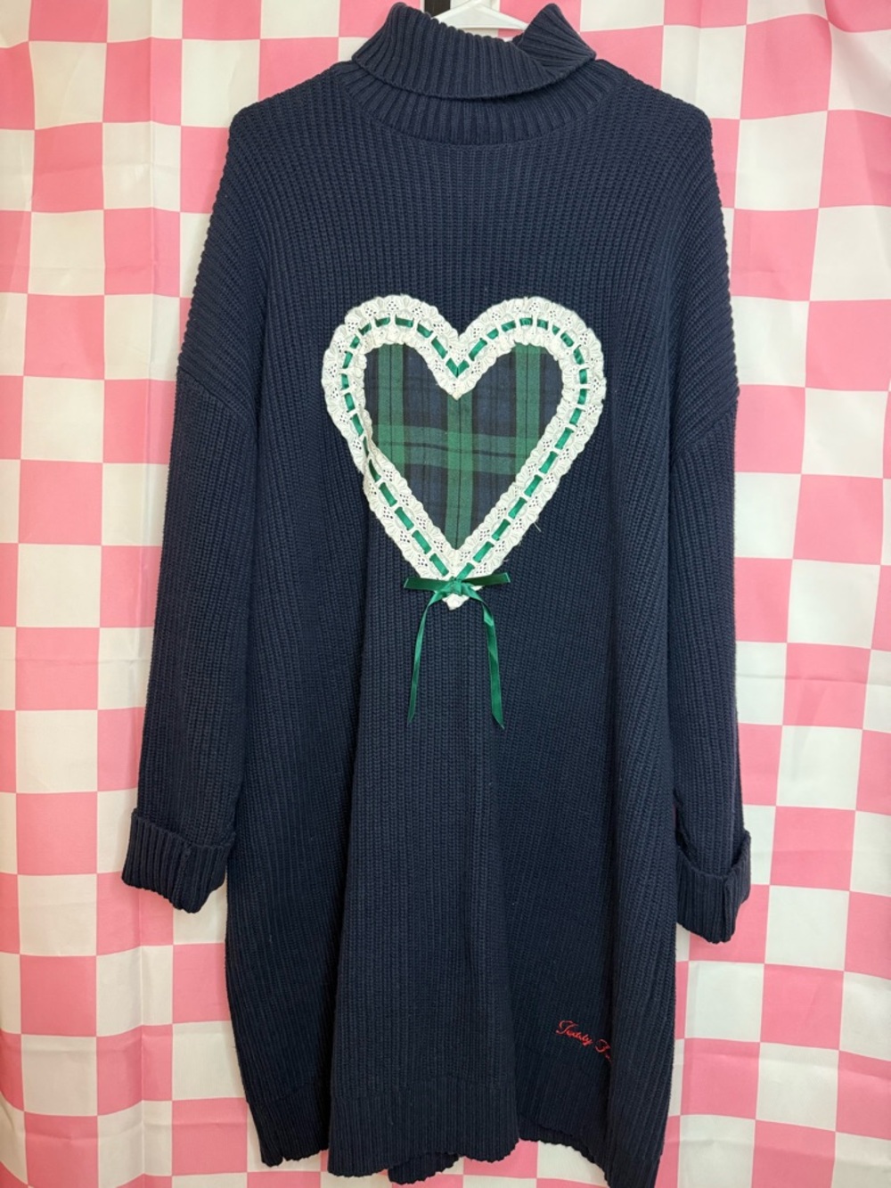 Teddy Fresh Navy Ribbed Sweater Dress w/ Green Plaid Heart Appliqué